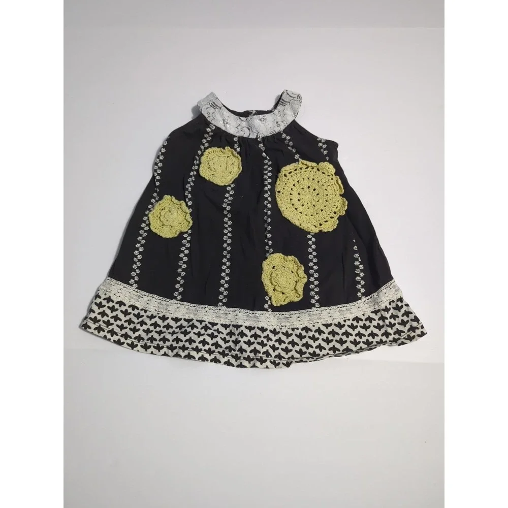 Jelly The Pug Sunburst Stripe Crochet Flower Black Sleeveless Dress Sz 3T Boho
